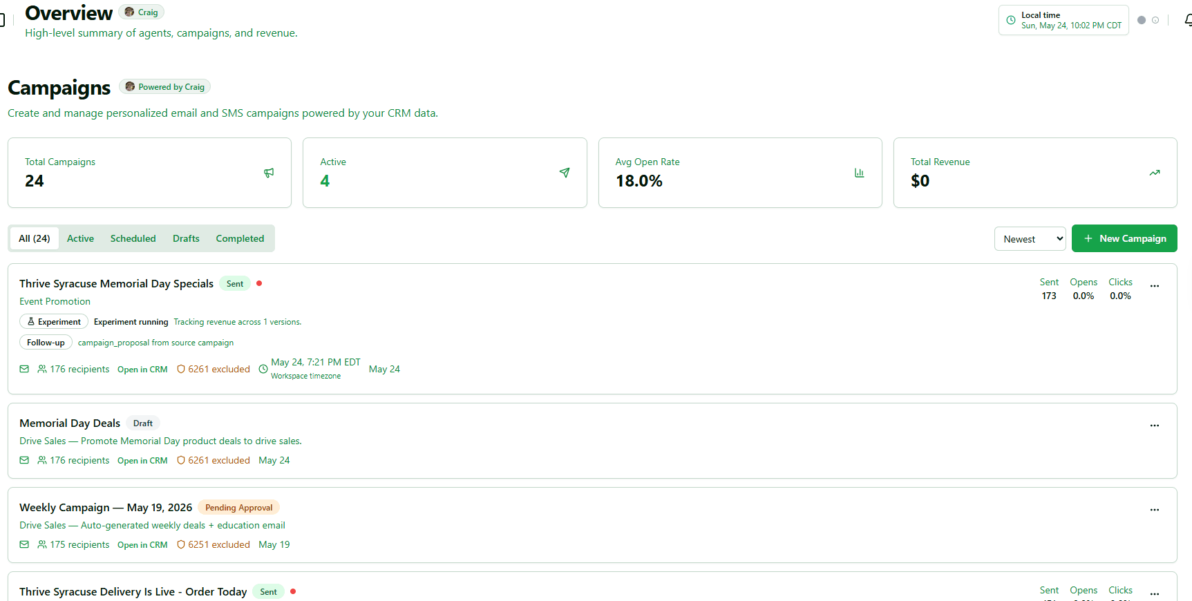Real Thrive Syracuse campaigns overview showing campaign-level evidence without customer-level purchase details.