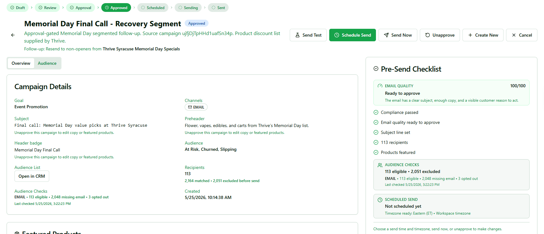 Real Thrive Syracuse campaign approval view with audience context and pre-send controls, no customer PII.